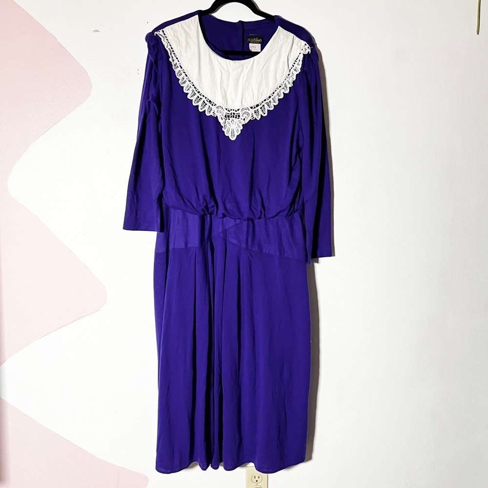 Vintage 80s Midi Dress Womens 20W Purple White Lace Bib Collar